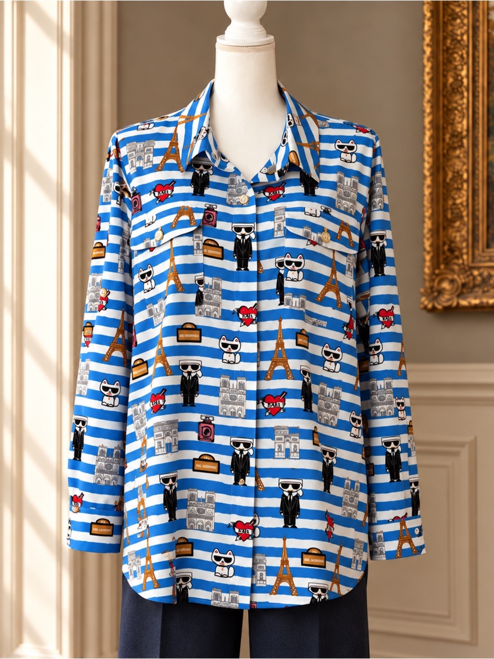 Karl Lagerfeld Paris Colorful Choupette Eiffel Towel Button Down Blouse 1x